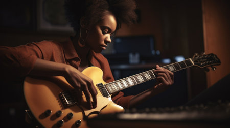 Musician Female African-American Young Adult Playing guitar in Recording studio. Generative AI AIG22.の素材