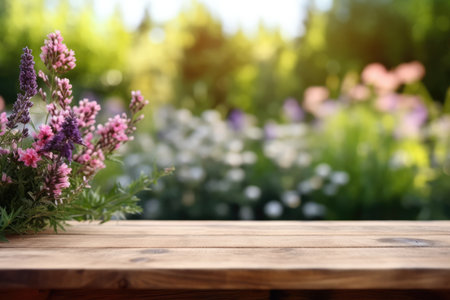 The empty wooden table top with blur background of English garden. Generative AI image AIG30.の素材