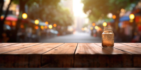 The empty wooden table top with blur background of outdoor cafe at the street. Generative AI image AIG30.の素材