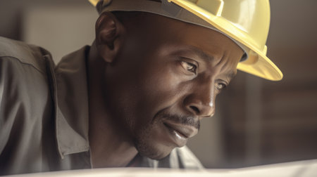 Engineer Male African-American Mature Checking a blueprint in Construction Site. Generative AI AIG22.の素材