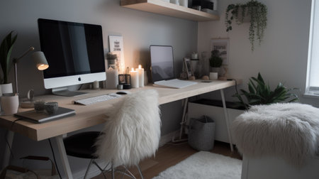 Interior design of Home Office in Scandinavian style with Floating Shelves decorated with Sheepskin Rug, Potted Plants material. Modern architecture. Generative AI AIG24.の素材
