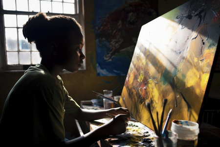 Female African teenager painting art studio artist apron picture drawing. Generative AI AIG23.の素材