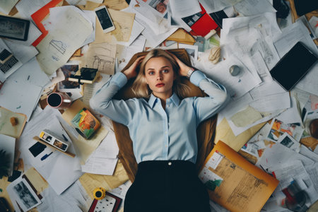 A top view of a young Scandinavian businesswoman lying on the floor that is full of papers and documents in an office scene. Generative AI image AIG30.の素材