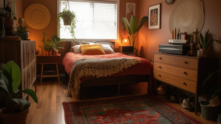 Bedroom decor, home interior design . Bohemian Mid-century Modern style with Gallery Wall decorated with Wood and Brass material . Generative AI AIG26.の素材