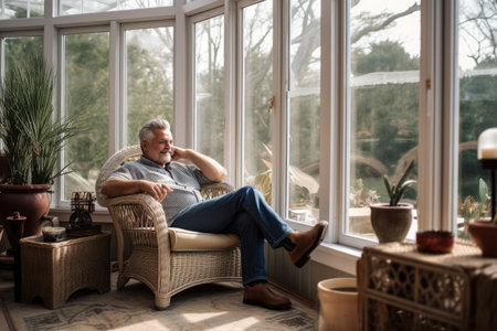 Male Caucasian middle aged lounging sun room cozy warm. Generative AI AIG23.の素材