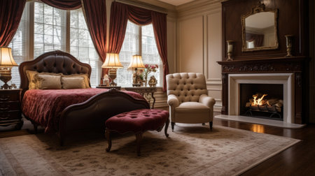Bedroom decor, home interior design . Traditional Classic style with Fireplace decorated with Wood and Marble material . Generative AI AIG26.の素材