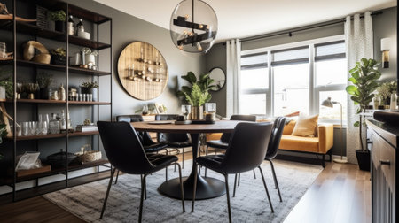 Interior design inspiration of Industrial Mid-century Modern style home dining room loveliness decorated with Metal and Leather material and Edison Bulb Chandelier .Generative AI home interior designの素材