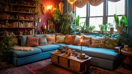 Inspiring office interior design Bohemian style Lounge featuring Eclectic decor architecture. Generative AI AIG 31.の素材