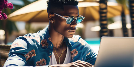 Business person use laptop computer in luxury resort hotel beach club in summer. superlative generative AI image.の素材