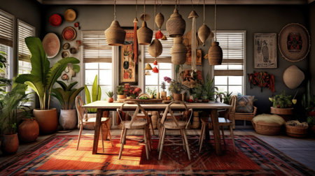 Interior design inspiration of Bohemian Eclectic style home dining room loveliness decorated with Rattan and Macrame material and Rug .Generative AI home interior design .の素材