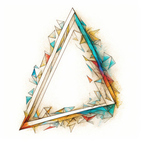 Empty triangle frame on white background. Concept of overlapped mystery colorful watercolor. Finest generative AI.の素材