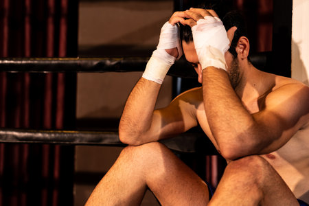Tired and exhausted caucasian boxer removed his boxing glove and sitting, resting on the edge of the ring after intense training or fighting match. Impetusの写真素材