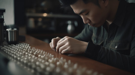 Barista Male Asian Young Adult Preparing espresso shots for drinks in coffee shop. Generative AI AIG22.の素材