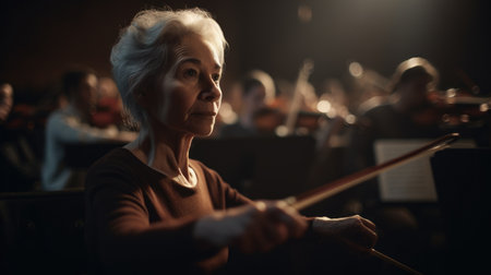 Orchestra Conductor Female Caucasian Mature Leading an orchestra in a rehearsal or performance in Concert hall. Generative AI AIG22.の素材