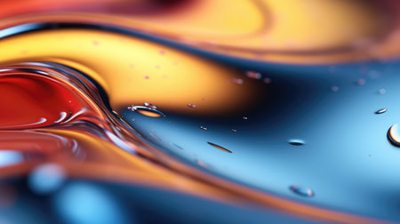 The close up of a glossy liquid surface abstract in red, yellow, and blue colors with a soft focus. 3D illustration of exuberant.の写真素材