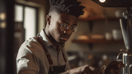 Barista Male African-American Young Adult Cleaning and stocking in coffee shop. Generative AI AIG22.の素材