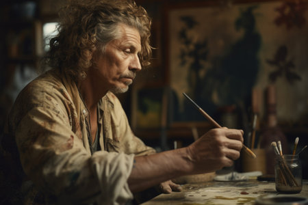 Male Caucasian middle aged painting art studio artist apron picture drawing. Generative AI AIG23.の素材