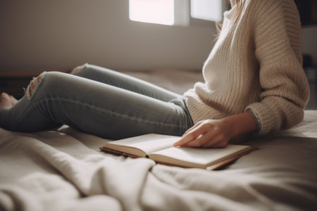 Female Caucasian teenager reading books in bedroom casual relaxing. Generative AI AIG23.の素材