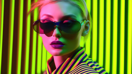 Young female model posing with trendy fashion outfit and colorful glowing vibrant green lime and pink optical art abstract background. Picturesque generative AIの素材