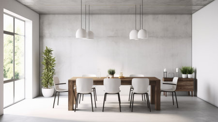 Interior design inspiration of Minimalist Scandi style home dining room loveliness decorated with Concrete and Metal material and Pendant Light .Generative AI home interior design .の素材