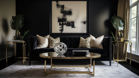 Living room decor, home interior design . Art Deco Contemporary style with Large Window decorated with Velvet and Marble material . Generative AI AIG26.の素材