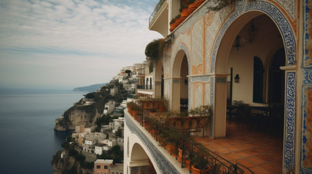 Home architecture design in Mediterranean Style with Wrought iron balcony constructed by Stucco and Terra Cotta material. Mediterranean Revival style. Generative AI AIG25 .の素材