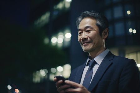a senior african-american businessman executive using mobile phone with background of modern office buildings at night, and smiling happy Generative AI AIG18.の素材