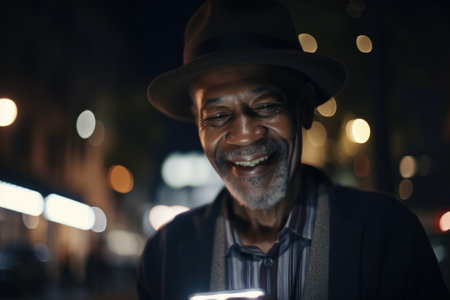 a senior african-american man trendy clothes using mobile phone with background of urban city street at night Generative AI AIG18.の素材