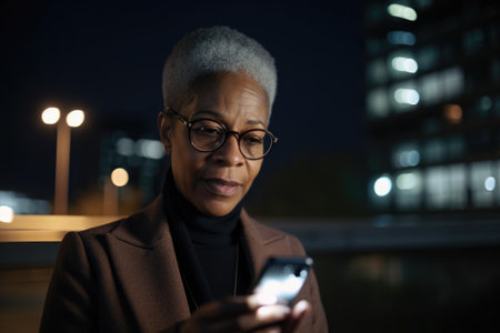 Wide angle shot of a senior african-american businesswoman executive using mobile phone with background of modern office buildings at night. Generative AI AIG18.の素材