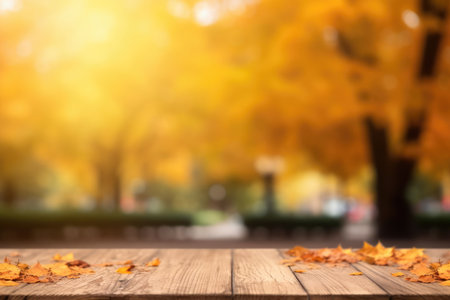 The empty wooden table top with blur background of autumn. Generative AI image AIG30.の素材