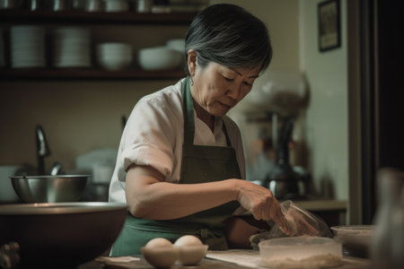 Female Asian middle aged cooking in kitchen apron chef attire. Generative AI AIG23.の素材