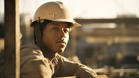 Construction Worker Male Hispanic Young Adult Operating construction equipment, building structures and infrastructure in Construction site. Generative AI AIG22.の素材