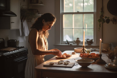 Female Hispanic middle aged cooking a meal in kitchen. Generative AI AIG23.の素材