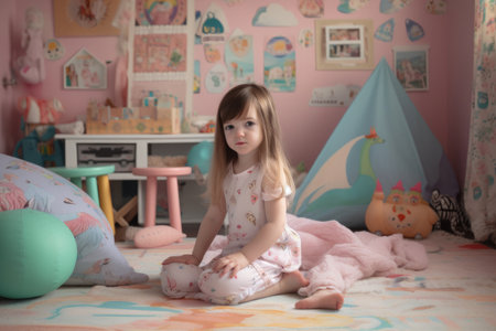 Female Caucasian child playing in playroom fun leggings. Generative AI AIG23.の素材