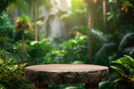 A flat rock empty table for product display with blur background of tropical jungle. Generative AI AIG30.の素材