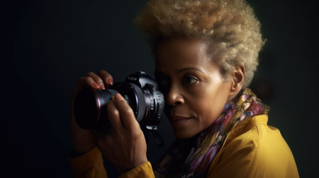 Photographer Female African-American Middle Age Taking pictures at a fashion shoot in Studio. Generative AI AIG22.の素材