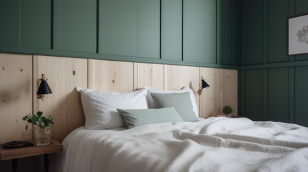 Interior design of Bedroom in Scandinavian style with Bed decorated with Knit Blanket, Wood Wall material. Modern architecture. Generative AI AIG24.の素材