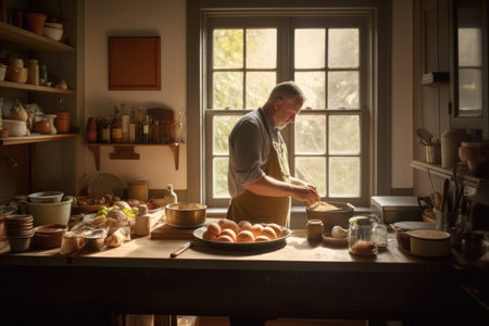Male Caucasian middle aged cooking in kitchen apron chef uniform. Generative AI AIG23.の素材