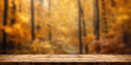 The empty rustic wooden table for product display with blur background of autumn forest. Generative AI image AIG30.の素材
