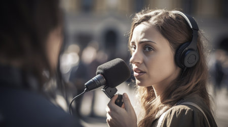 Journalist Female Caucasian Young Adult Interviewing someone with a microphone in hand in Outdoor street. Generative AI AIG22.の素材