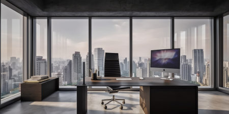 Interior of modern office with computer on desk with a large window. Generative AI AIG18.の素材