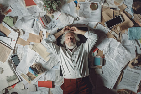A top view of an overworked senior Scandinavian businessman lying on the floor that is full of papers and documents in an office scene. Generative AI image AIG30.の素材