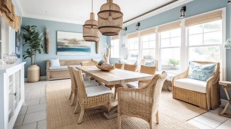 Interior design inspiration of Coastal Beachy style home dining room loveliness decorated with Wood and Rattan material and Statement Lighting .Generative AI home interior design .の素材
