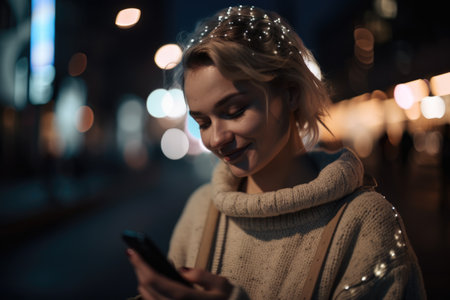 Low angle shot of a young caucasian woman trendy clothes using mobile phone with background of urban city street at night. Generative AI AIG18.の素材