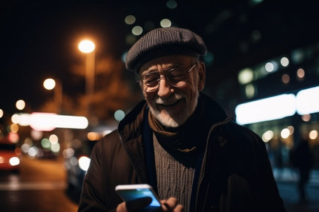 Wide angle shot of a senior caucasian man trendy clothes using mobile phone with background of urban city street at night. Generative AI AIG18.の素材