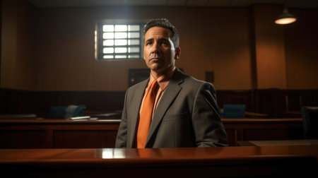 Lawyer Male Hispanic 40s Presenting in court in Courtroom. Generative AI AIG22.の素材
