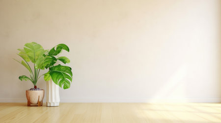 The interior of minimal white tone color and wooden floor room with armchair and potted plants. Generative AI AIG27.の素材