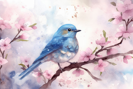 a bluebird perched on a tree branch and surrounded by a flurry of falling cherry blossom petals Generative AI AIG18.の素材