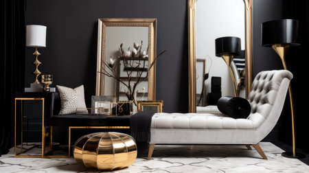 Living room decor, home interior design . Art Deco Contemporary style with Large Window decorated with Velvet and Marble material . Generative AI AIG26.の素材