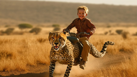 A little boy riding on a cheetah, running fast speed across a vast savannah. Generative AI AIG27.の素材